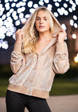 Shimmer Bling Button Up Hoodie Jacket in Taupe S-L
