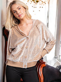 Shimmer Bling Button Up Hoodie Jacket in Taupe S-L