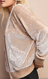 Shimmer Bling Button Up Hoodie Jacket in Taupe S-L