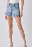 Medium Denim High Rise Frayed Shorts S-L