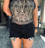 Clara Black Denim Leopard Shorts/Restock