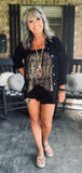 Clara Black Denim Leopard Shorts/Restock