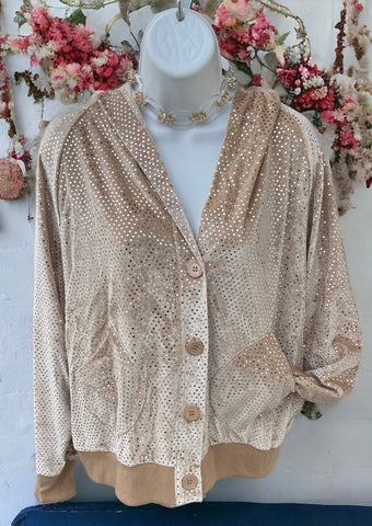 Shimmer Bling Button Up Hoodie Jacket in Taupe