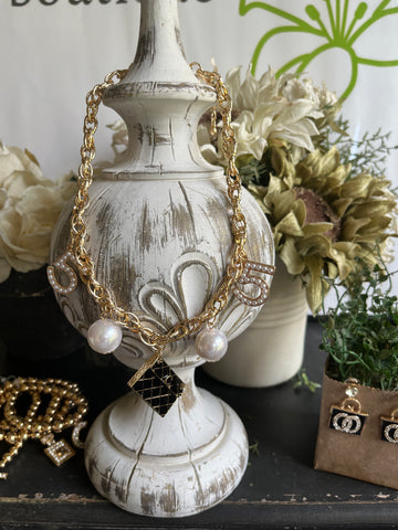 Black/Gold Pearl Designer Charm Necklace