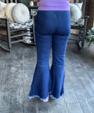 Pull Up Fringe Capri Flares Dark Denim S M