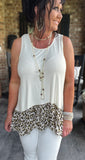 Leopard Ruffle Ribbed Top in Cream S-L