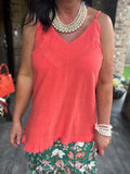 Fringed Linen Top in Coral/Orange S-2X