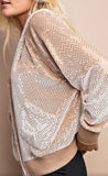 Shimmer Bling Button Up Hoodie Jacket in Taupe