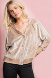 Shimmer Bling Button Up Hoodie Jacket in Taupe S-L