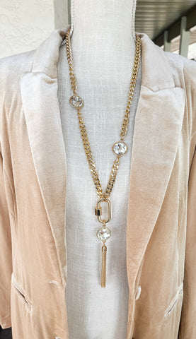 Gold Crystal Long Statement Necklace