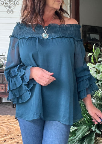 Ruffle Love Blouse in Teal