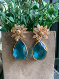 Turquoise Crystal Floral Teardrop Earrings