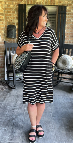 Everyday Stripes Dress in Black 1X-3X