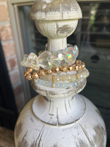 Iridescent Heart and Gold Stretch Bracelet Stack