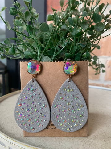 Genuine Leather and Bling Earrings in Grey