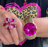 Over the Top Hinged Cuff Bracelet Hot Pink Crystal