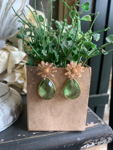 Sage Green Crystal Floral Teardrop Earrings