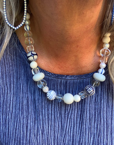 Ivory and Sapphire Blue Beaded Necklace