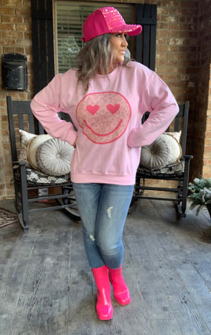 Leopard Smiley Heart Sweatshirt in Baby Pink