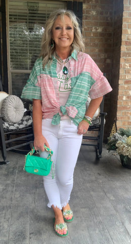 Spring Plaid Ruffle Blouse in Mint/Pink