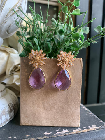 Lavender Crystal Floral Teardrop Earrings