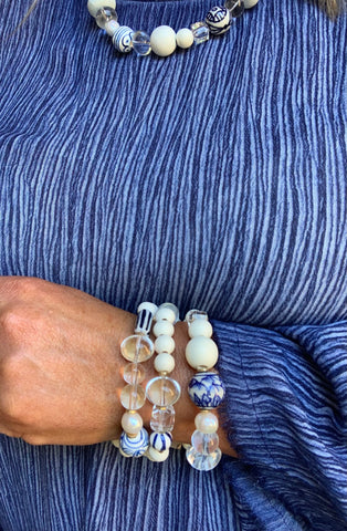 Ivory and Sapphire Blue Beaded Bracelet Stack