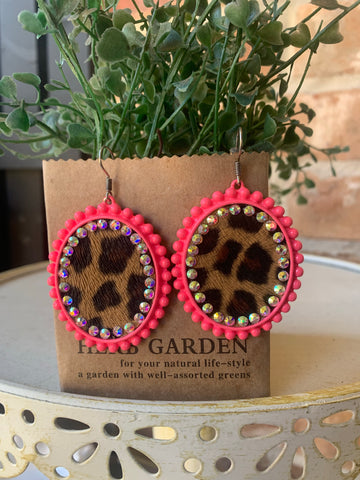 Neon Pink Leopard Bling Earrings