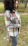 Casually FrilLEE Plaid Shacket in Teal 1X 3X