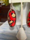 Red Gold Leopard Oval Earrings