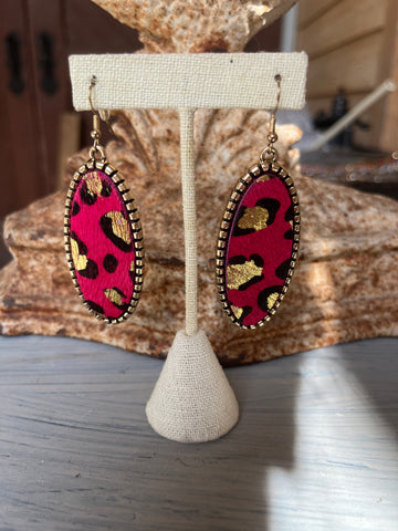 Hot Pink Gold Leopard Oval Earrings