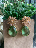 Sage Green Crystal Floral Teardrop Earrings