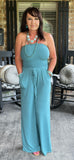 Strapless Smocked Jumpsuit in Turquoise