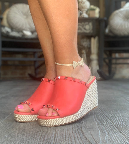 Melon Red Studded Wedges