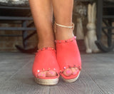 Melon Red Studded Wedges
