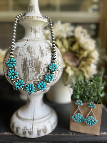 Turquoise Blossom Metallic Bead Necklace